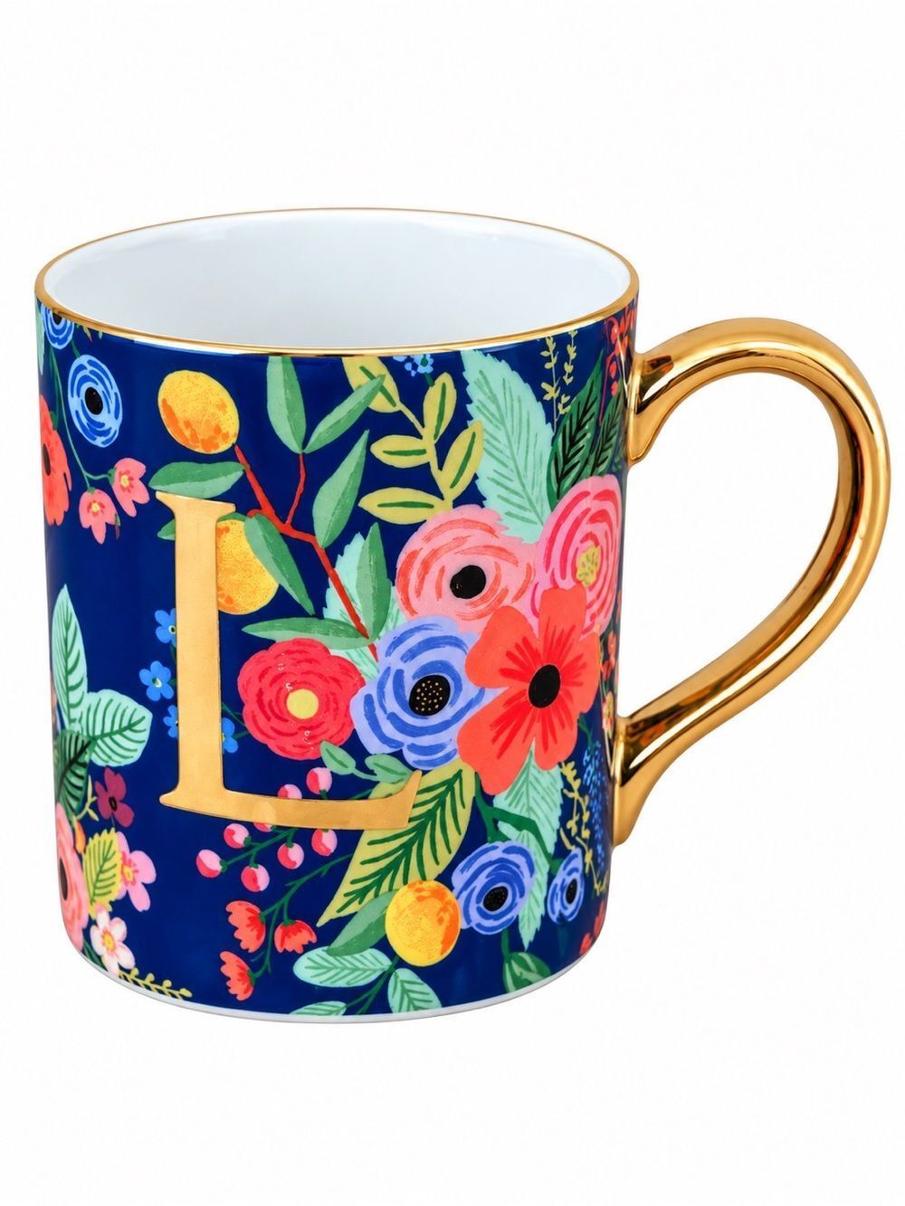 Rifle Paper Co Anthropologie Blue/Gold Floral Ceramic Coffee Mug Letter "L" EUC!